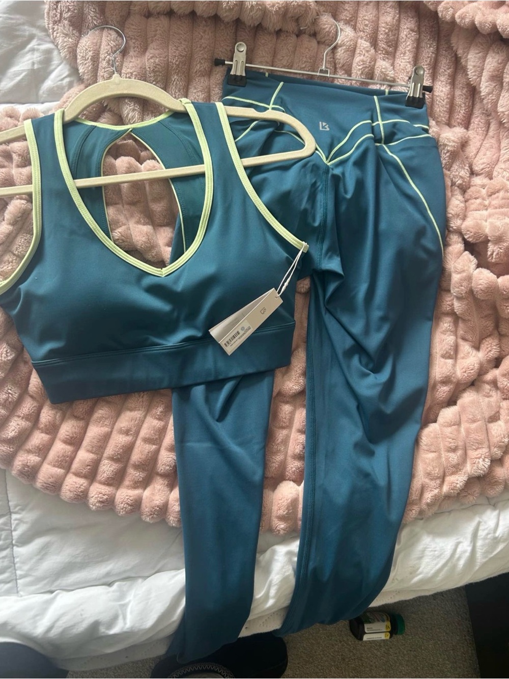 BuffBunny Teal Sports Bra and Leggings with Lime Trim